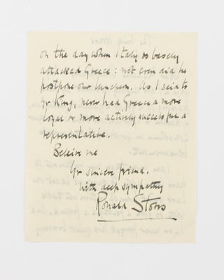 Item #115302 An autograph letter of condolence signed by Sir Ronald Storrs to the widow of...