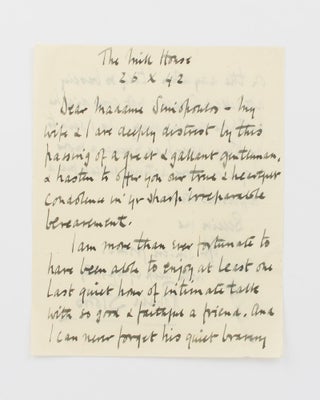 An autograph letter of condolence signed by Sir Ronald Storrs to the widow of Charalambos John Simopoulos (1874-1942), Greek Ambassador to the United Kingdom from 1934 until his death
