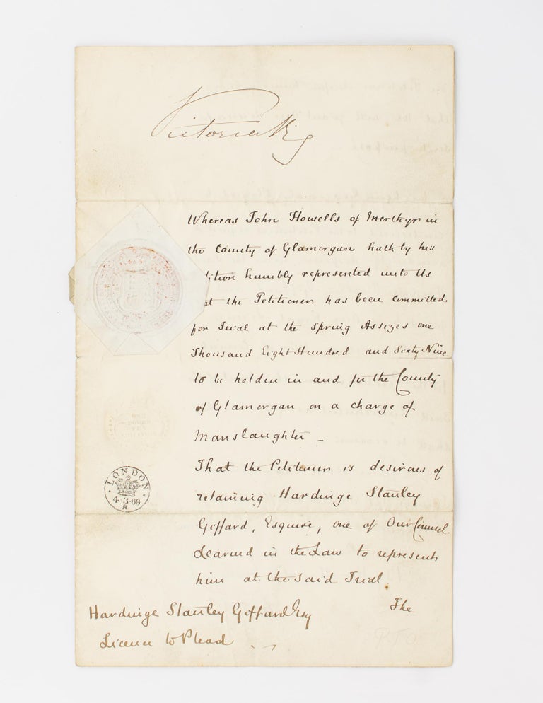 Item #115528 A manuscript licence to plead (written in a secretarial hand), signed at the head by Queen Victoria (as 'Victoria R'), granted to Hardinge Stanley Giffard QC. Queen of Great Britain, Ireland, Empress of India.