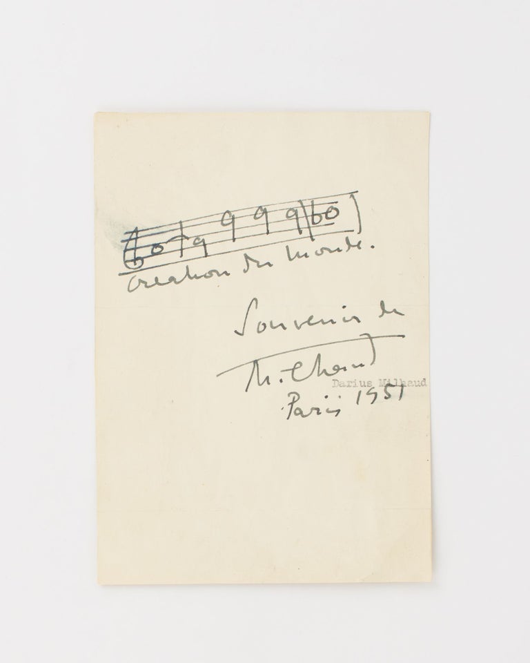 Item #115533 A short autograph musical quotation, identified (from his ballet 'Creation du Monde'), inscribed and signed by Milhaud. Darius MILHAUD, French composer.