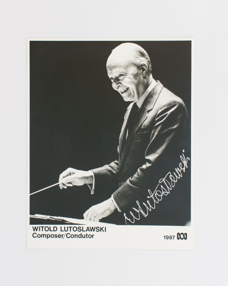 Item #115538 A portrait photograph signed by Witold Lutoslawski during his visit to Australia in August 1987. Witold Roman LUTOSLAWSKI, Polish composer and conductor.