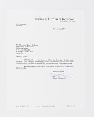 Item #115554 A typed letter signed by David Baltimore to The Honorable Barry O. Jones, declining...