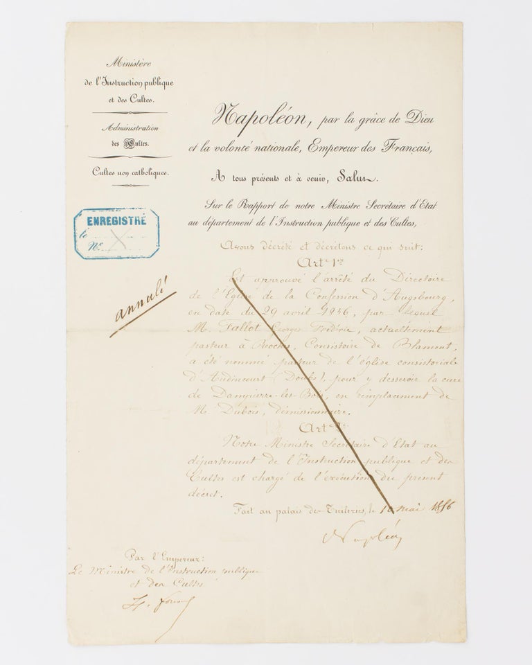 Item #115556 A document signed 'Napoléon', confirming the appointment of a Lutheran pastor. NAPOLEON III, Emperor of the French.