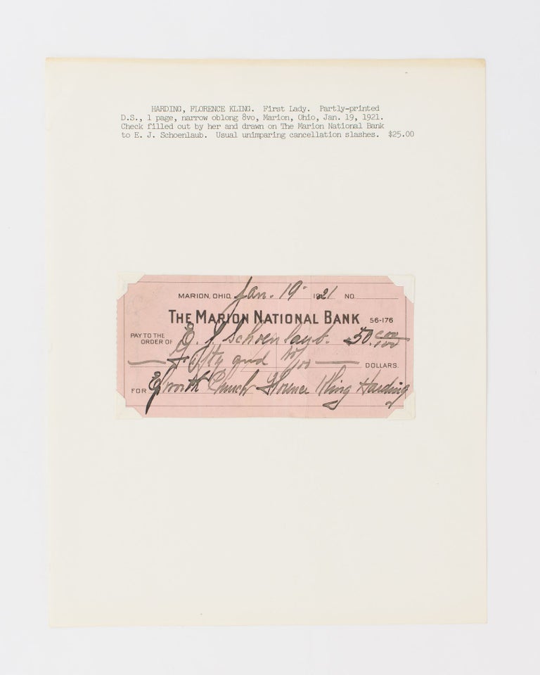 Item #115580 A printed cheque for $50 signed ('Florence Kling Harding') to E.J. Schoenlaub, Epworth [Methodist] Church. née Florence Mabel Kling, wife of Warren G. Harding American First Lady, 29th President of the USA.