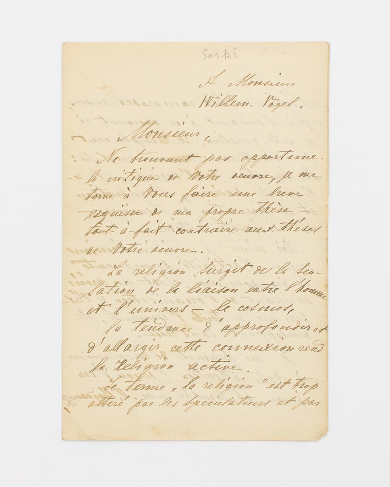 Item #115594 A letter (in French) signed by Maksim Gorki ('M. Gorcy') to one Willem Vogel, discussing his views on religion. Maksim GORKI, Russian novelist.