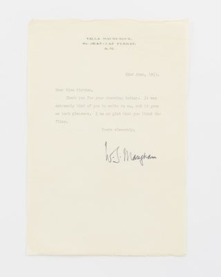 Item #115605 A typed letter signed by Somerset Maugham to a Miss Kirkham (a routine letter of...