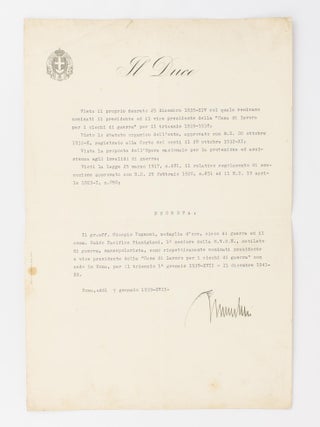 Item #115625 A typed document signed 'Mussolini' ('Roma, addì 7 gennaio 1939-XVII-'),...