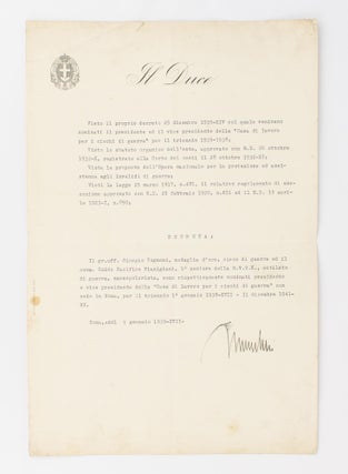 Item #115625 A typed document signed 'Mussolini' ('Roma, addì 7 gennaio 1939-XVII-'),...