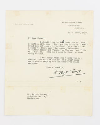 Item #115628 A typed letter signed by Lloyd George to Conservative MP Sir Martin Conway,...