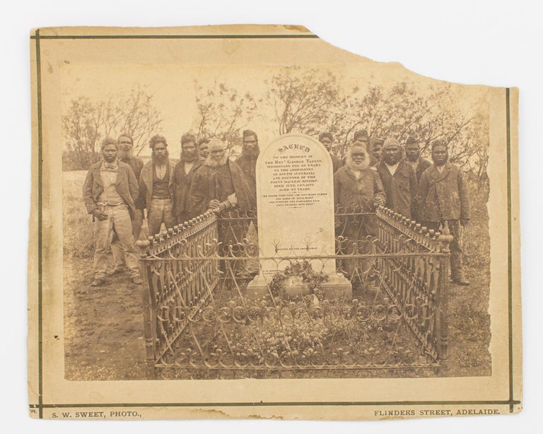 Item #115751 A vintage full-plate albumen paper photograph of a group of fourteen Ngarrindjeri [Narrinyeri] men at the graveside of the Reverend George Taplin at Point McLeay, South Australia. Captain Samuel White SWEET.