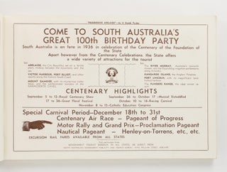 Centenary Year of South Australia, 1936. Progressive Adelaide as it stands Today. A Pictorial Directory of its Most Attractive Centres. Embracing Glenelg, Brighton, Seacliff, Victor Harbour, Port Elliot, Port Lincoln, Tumby Bay, Port Noarlunga, Clare, Narracoorte [sic], Mount Gambier and Port Pirie. Including Broken Hill, the World's Greatest Silver-Lead Mines [cover title]