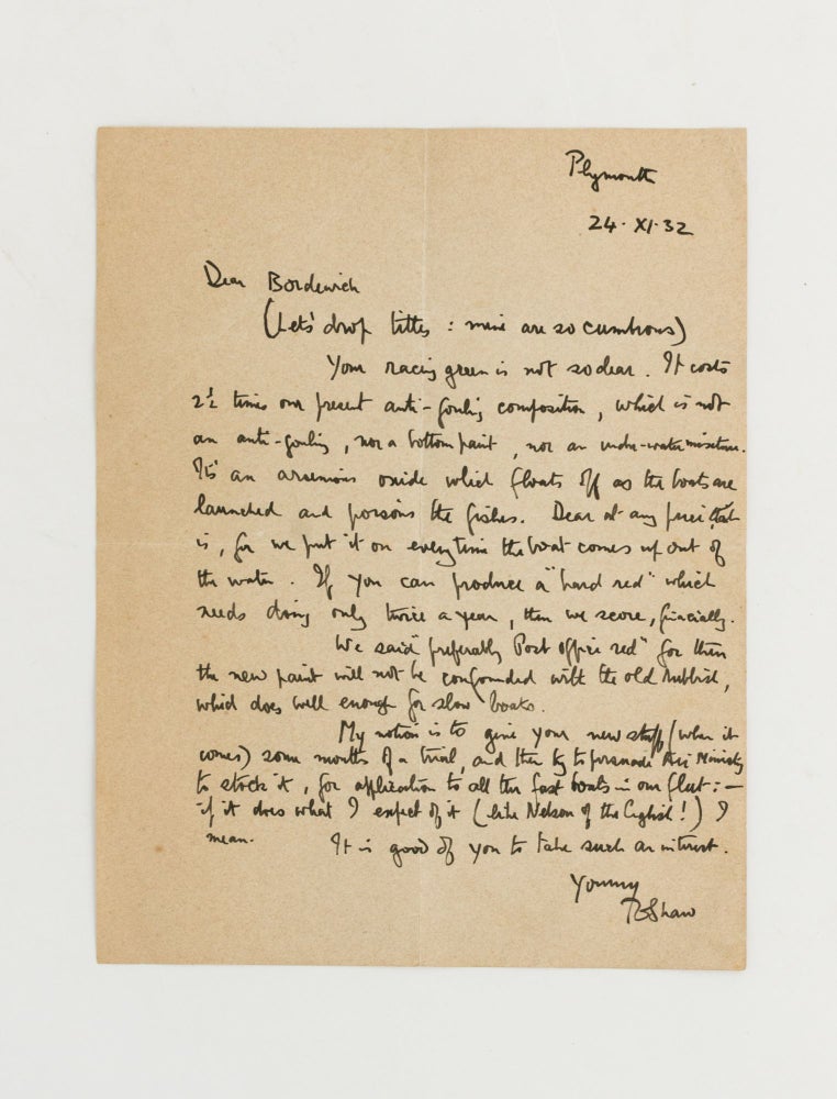 Item #116546 An autograph letter signed (as T.E. Shaw) to 'Dear Bordewich', relating to 'boats for the RAF'. T. E. LAWRENCE, T. E. SHAW.