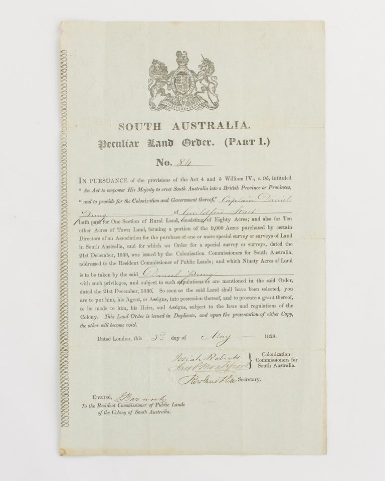 Item #116711 South Australia. Peculiar Land Order. (Part 1.) No. 84 [a printed document with manuscript insertions, issued to Captain Daniel Pring, who 'played an indispensable part in protecting the Montreal frontier during the War of 1812']. South Australia.