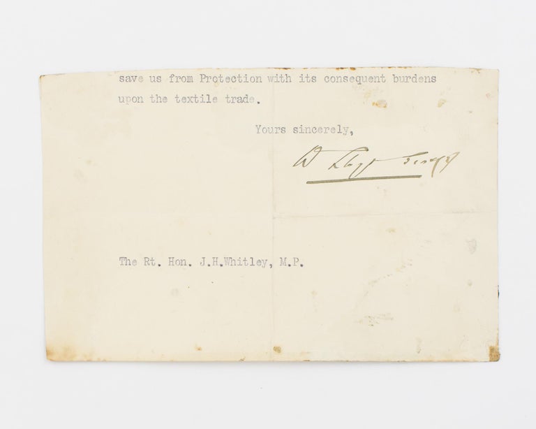 Item #116712 The lower portion of a typed letter signed by Lloyd George to the Rt. Hon. John Henry Whitley MP. David LLOYD GEORGE, Prime Minister of Great Britain.