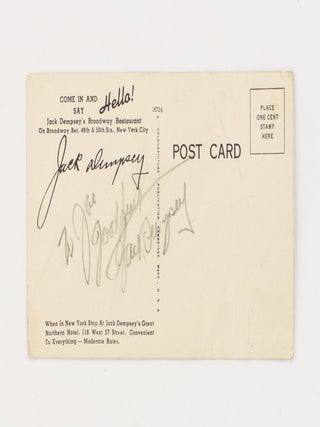A postcard (reproducing the James Montgomery Flagg painting, 'Jack Dempsey Knocks Out Jess Willard') inscribed and signed by Jack Dempsey