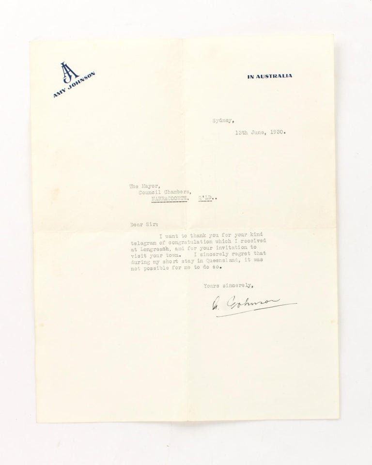 Item #116854 A typed letter signed by Amy Johnson to the Mayor of 'Narracoorte, Q'ld' [sic]. Amy JOHNSON.