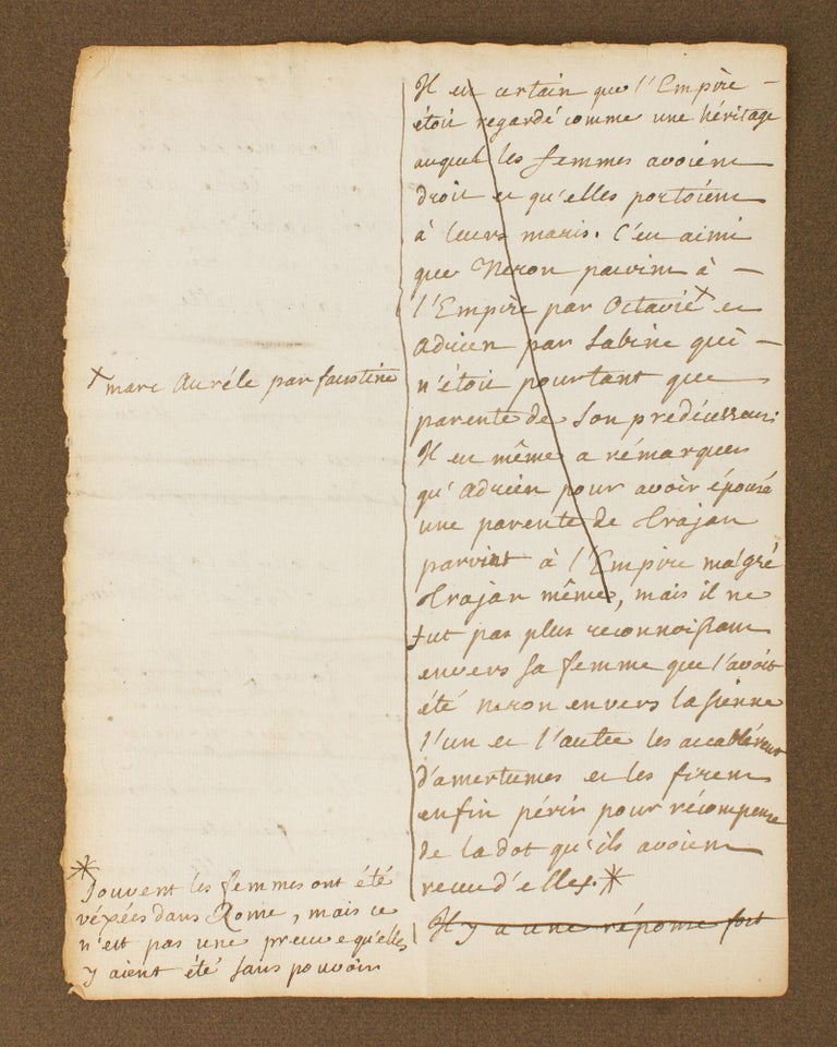 Item #116856 An early autograph document by Jean-Jacques Rousseau, regarding the role of women in ancient Rome, prepared for Louise-Marie-Madeleine Dupin, his sometime employer and holder of an intellectual and literary salon frequented by the leading lights of the Enlightenment. Swiss-French writer, political philosopher.