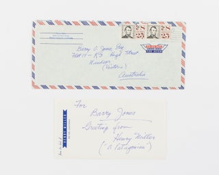 Item #116860 An autograph note signed by Henry Miller to Barry Jones. Henry MILLER, American writer