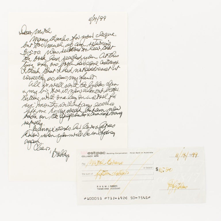 Item #116899 An autograph letter signed by Bobby Gibbes ('Bobby'), together with a signed cheque. Wing Commander Robert Henry Maxwell 'Bobby' Gibbes GIBBES, WW2 Australian fighter ace.