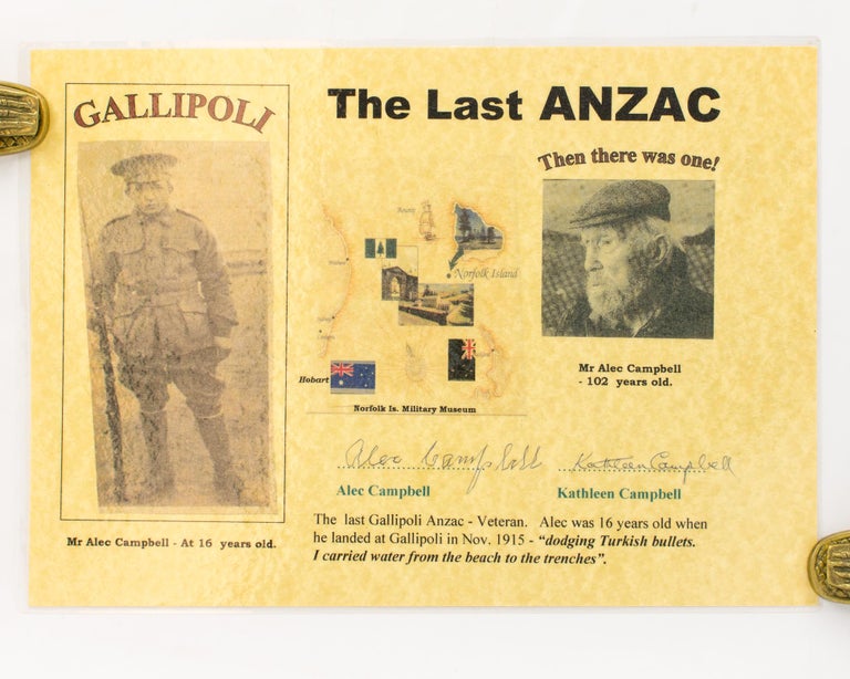 Item #116900 A small laminated poster featuring 'The Last Anzac', signed by Alec Campbell when he was 102. The Last Anzac, Alexander 'Alec' William CAMPBELL, the final surviving Australian participant of the Gallipoli campaign during the First World War.