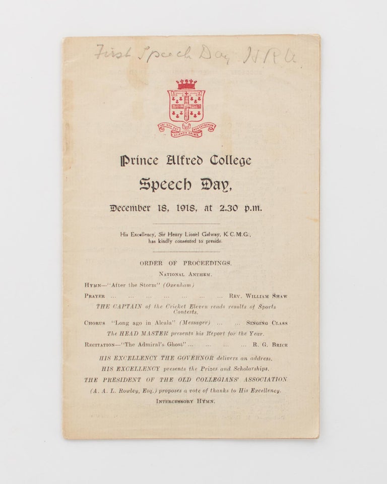 Item #117018 Prince Alfred College Speech Day. December 18, 1918 ... [cover title]. First World War Honour Roll.
