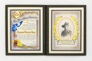 'Honor the Brave'. An elaborate illuminated testimonial presented to Mrs Alfred Robert Emerson (nee Charlotte Gay) of Upper Hawthorn by the Milawa Soldiers' Committee to commemorate the death of her brother, 306 Corporal Thomas Gay, 22nd Battalion, 'Killed in action at Zonnebeke, France, September 22nd 1917'