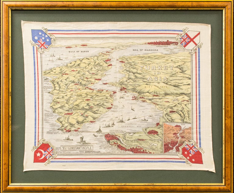 Item #117268 A souvenir scarf depicting, as a stylised raised-relief map, the Gallipoli Peninsula in context with Turkey, with an inset depicting Constantinople as the route to the Bosporous [sic]. Gallipoli.