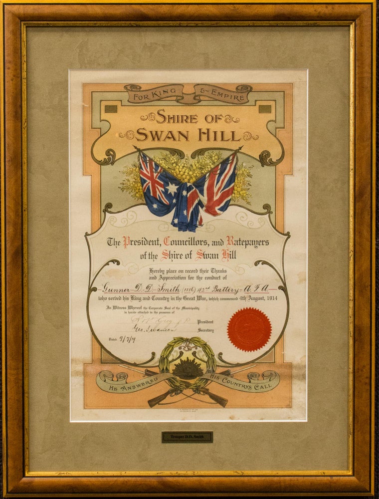Item #117282 A decorative testimonial presented by the Shire of Swan Hill, Victoria, to 'place on record their Thanks and Appreciation for the conduct of Gunner D.D. Smith (1886), 42nd Battery, A.F.A., who served his King and Country in the Great War'. Victoria Swan Hill, 1886 Gunner Donald Davidson SMITH.