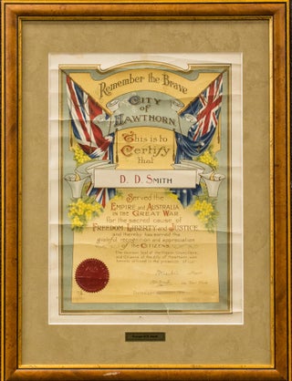 Item #117283 A decorative testimonial presented by the City of Hawthorn, certifying that 'D.D....