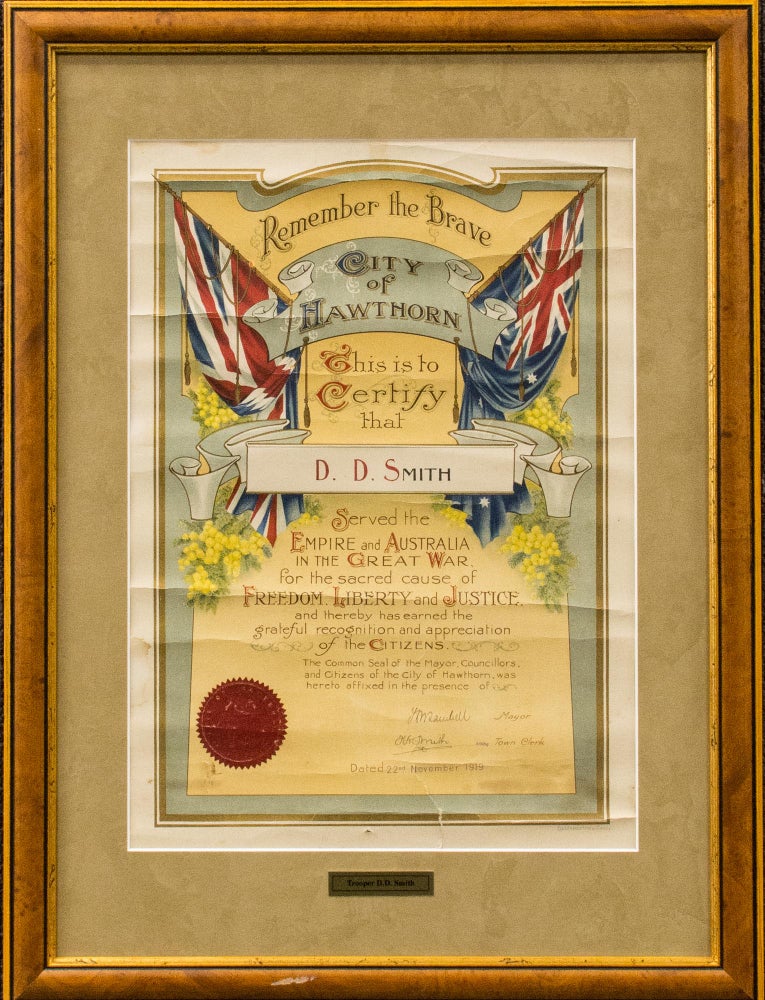 Item #117283 A decorative testimonial presented by the City of Hawthorn, certifying that 'D.D. Smith Served the Empire and Australia in the Great War for the sacred cause of Freedom, Liberty and Justice, and thereby has earned the grateful recognition and appreciation of the Citizens'. Victoria Hawthorn, 1886 Gunner Donald Davidson SMITH.
