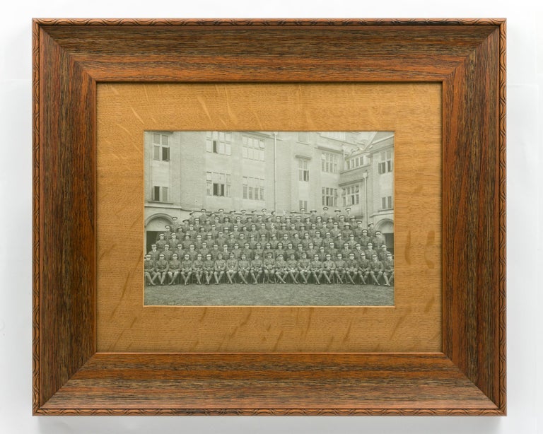 Item #117320 A group portrait featuring approximately one hundred soldiers in what appears to be the quadrangle of a public building, presumably in England. Military Group Portrait.