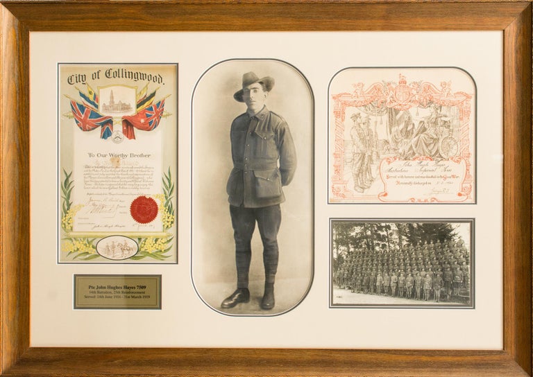 Item #117326 A very large framed presentation commemorating the war service of 7509 Private John Hugh Hayes, 14th Battalion. 14th Battalion, John Hugh HAYES.