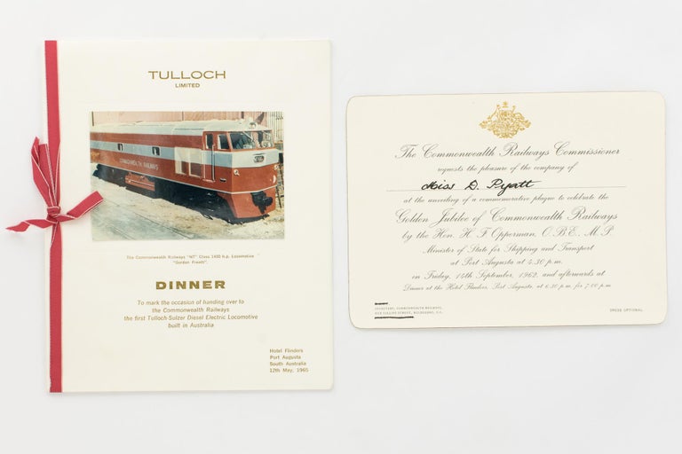 Item #117848 Tulloch Limited... Dinner. To mark the Occasion of handing over to the Commonwealth Railways the first Tulloch-Sulzer Diesel Electric Locomotive built in Australia. Hotel Flinders, Port Augusta, South Australia, 12th May, 1965 [cover title]. Railways.