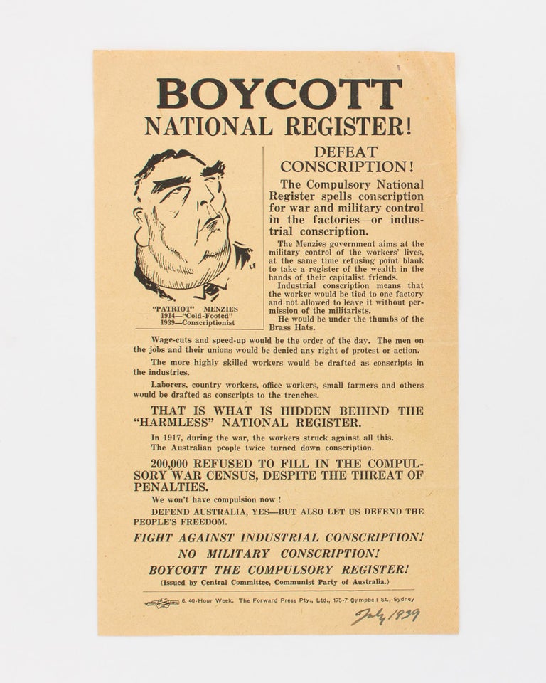 Item #118433 Boycott National Register! Defeat Conscription! [drop-title]. Conscription.
