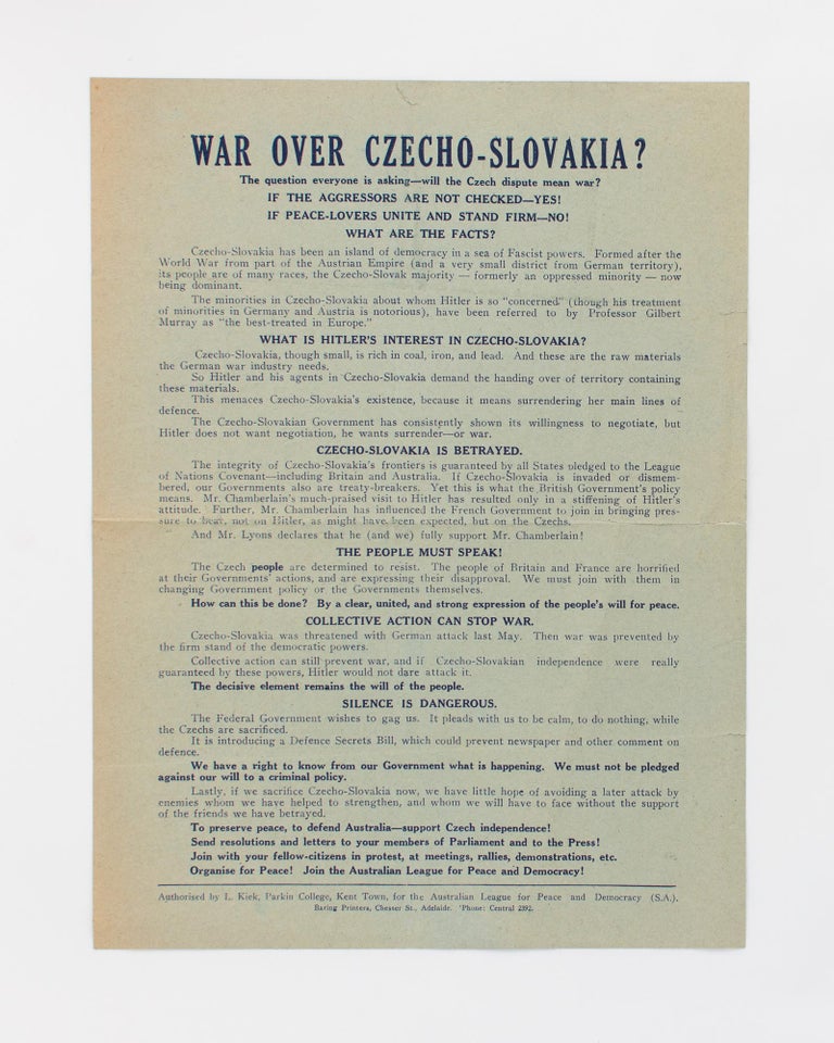 Item #118434 War over Czecho-Slovakia? The question everyone is asking - will the Czech dispute mean war? If the aggressors are not checked - Yes! If peace-lovers unite and stand firm - No! What are the facts? [drop-title]. Czechoslovakia.