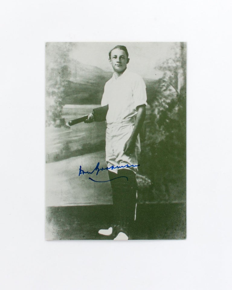 Item #118471 A printed postcard portrait (148 × 105 mm) of Don Bradman, signed in blue ink. Cricket, Don BRADMAN.