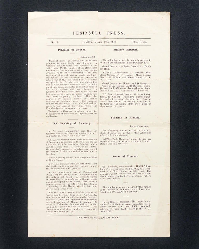 Item #118534 Peninsula Press. No. 38. Sunday, June 27th 1915. Official News [masthead]. Gallipoli Campaign.