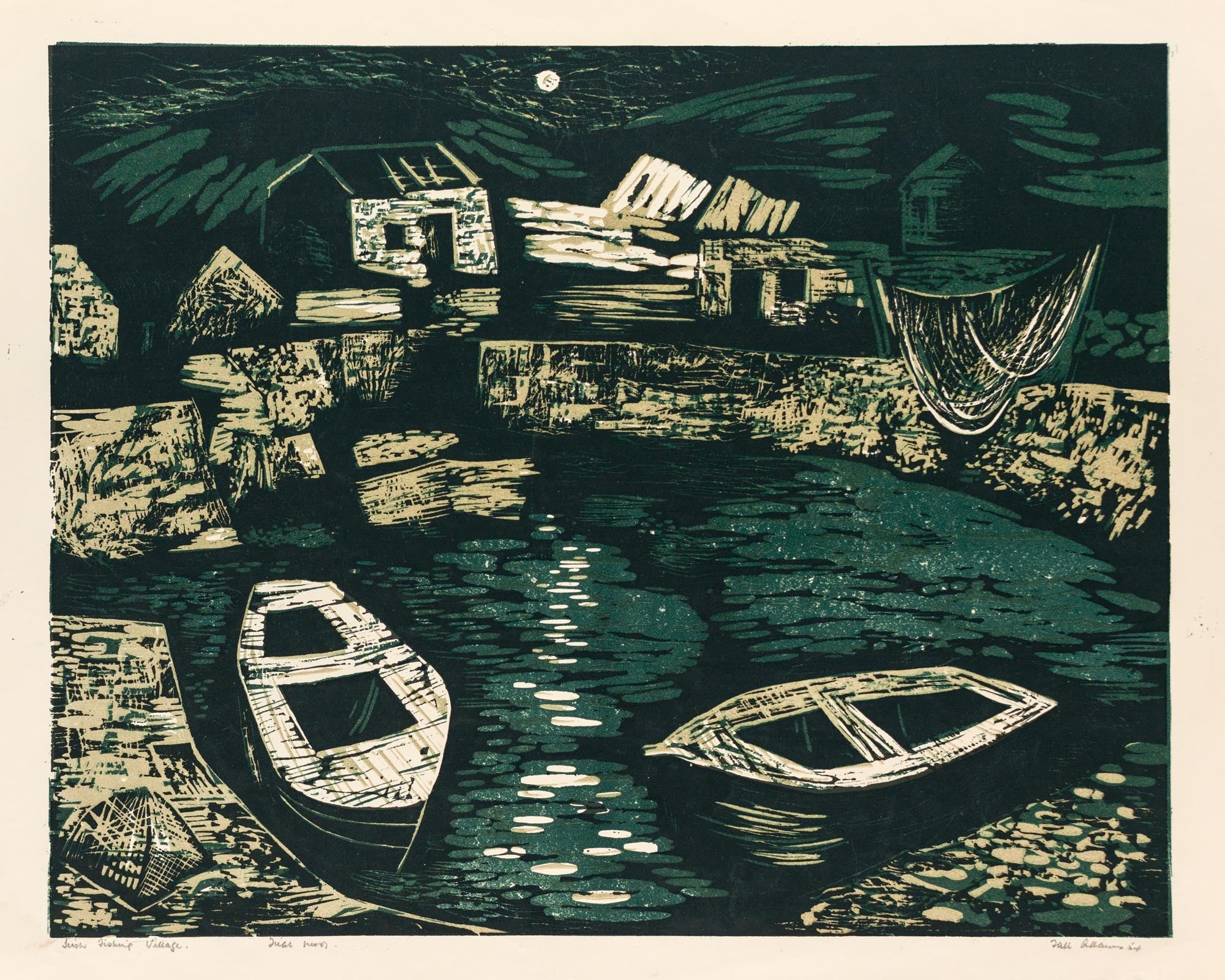 Angling Linocut 'Irish Fishing Village' an original colour linocut printed from three ...