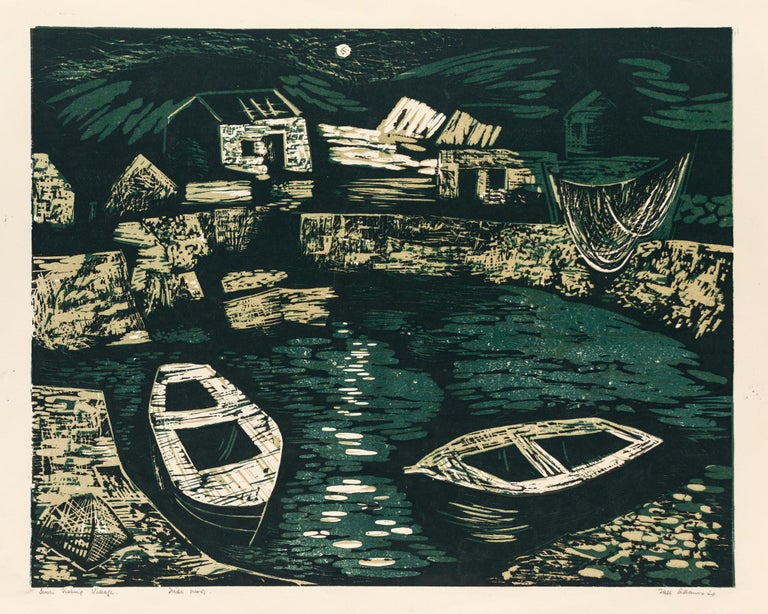 Item #118557 'Irish Fishing Village' (an original colour linocut printed from three blocks). Tate ADAMS.