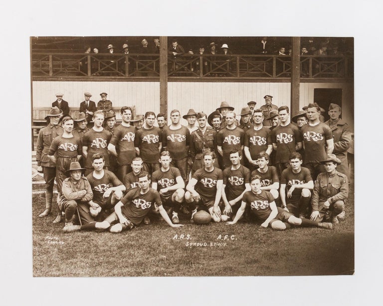Item #118803 A vintage photograph (captioned in the negative 'ARS. AFC | Stroud 27/4/18' and 'Photo | Comley'), featuring a team of rugby players wearing ARS-branded jerseys, with Australian servicemen in uniform behind them. Aviation, Australian Flying Corps.