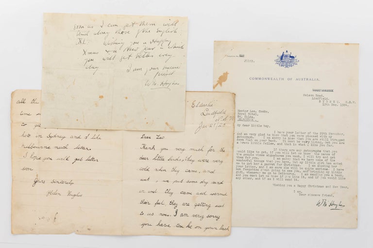 Item #119882 Two letters from the former Australian Prime Minister to a young lad in 1924. William Morris HUGHES.