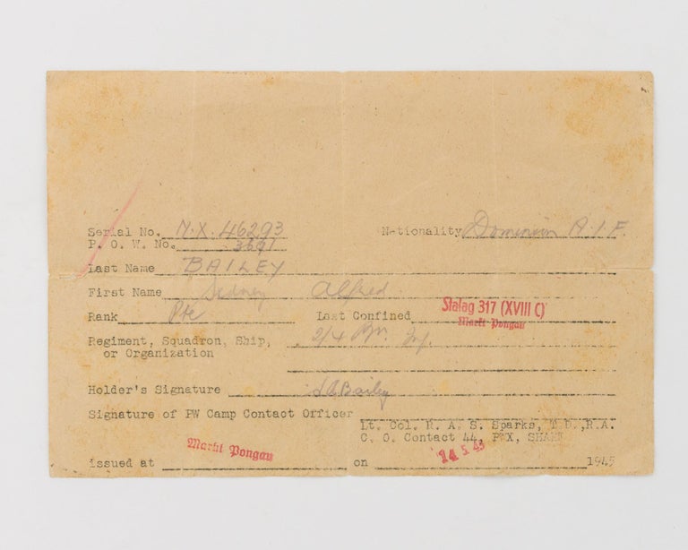Item #120263 An ex-POW identity card issued to NX46293 Private Sidney Alfred Bailey, 2/4th Battalion, after the liberation of Stalag 317 (XVIII C), Markt Pongau, Austria, on 14 May 1945. Prisoner of War, NX46293 Private Sidney Alfred BAILEY.