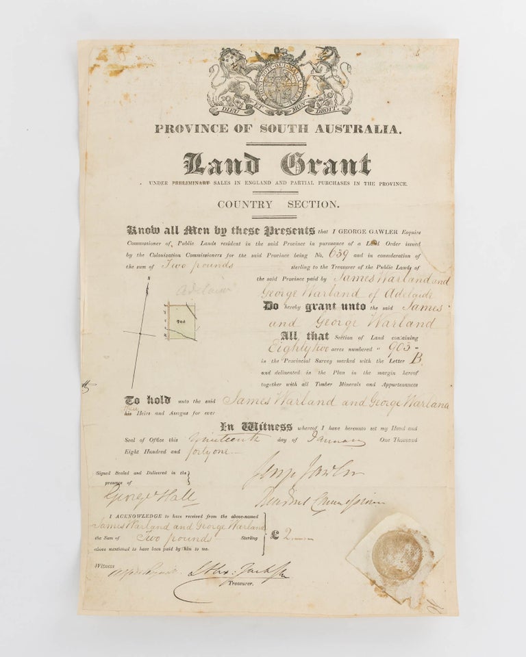 Item #120374 Province of South Australia. Land Grant under Preliminary Sales in England and Partial Purchase in the Province. Country Section... [A printed document, with manuscript insertions]. George GAWLER.
