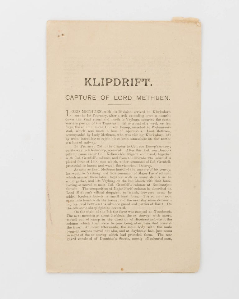 Item #121029 Klipdrift. Capture of Lord Methuen [drop title]. Boer War, Lieutenant General Lord METHUEN.