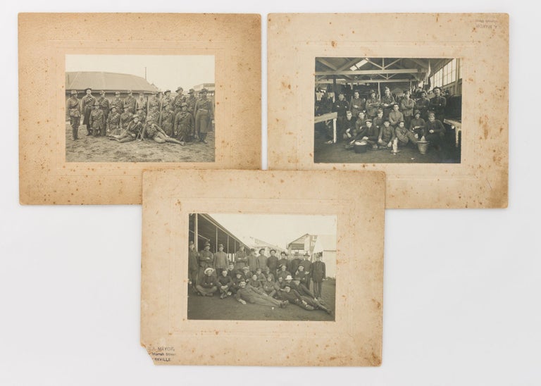 Item #121577 Three photographs of groups of Australian recruits at what we believe to be Ballarat Training Camp at the Ballarat Showgrounds during the First World War. Victoria Ballarat Training Camp.
