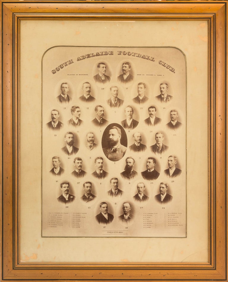 Item #122121 A vintage photo-montage of the 'South Adelaide Football Club. Played 16 Matches. Won 14. Drawn 1. Lost 1. Premiers 1892'. 1892 South Adelaide Football Club.