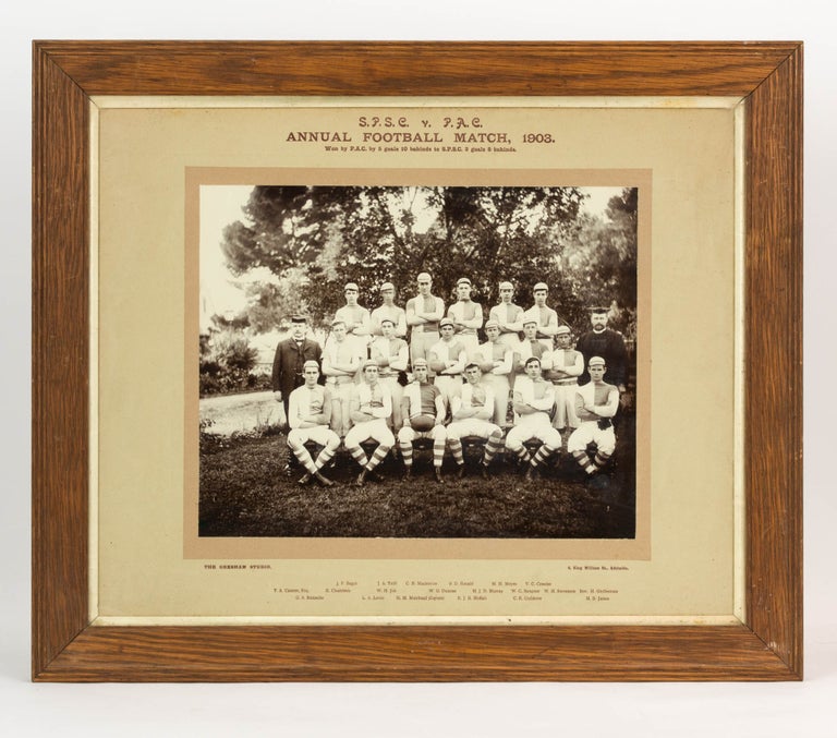Item #122131 A vintage photograph of the team, captioned 'S.P.S.C. v. P.A.C. Annual Football Match, 1903. Won by P.A.C. by 5 goals 10 behinds to S.P.S.C. 3 goals 8 behinds'. 1903 Saint Peters College Football Team.
