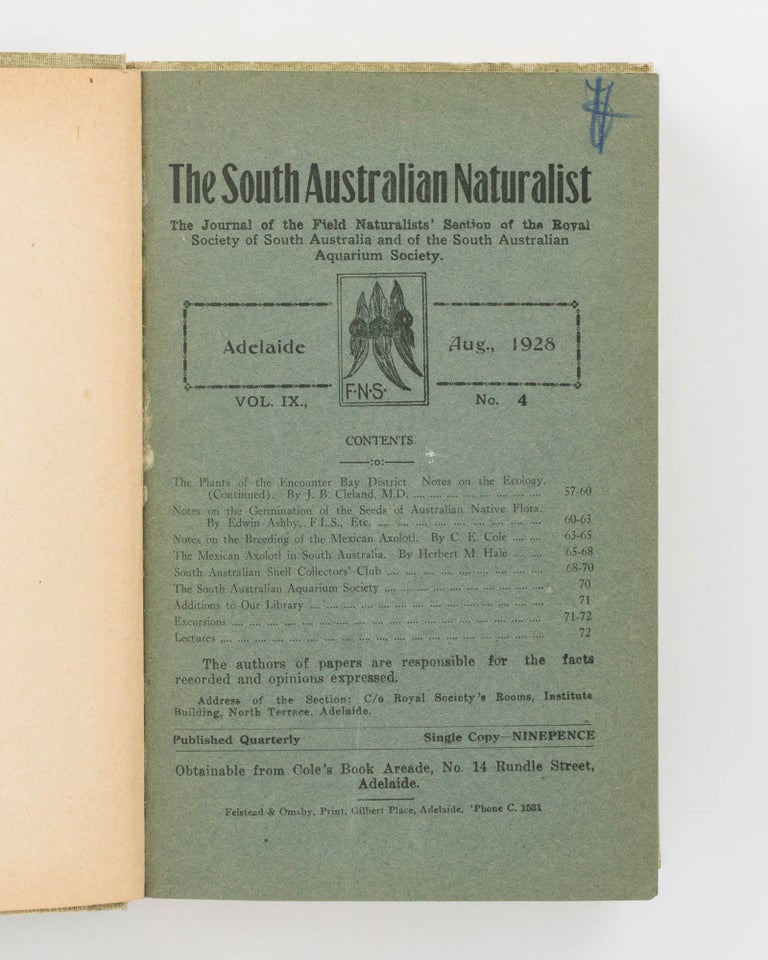 Item #122553 The South Australian Naturalist. The Journal of the Field Naturalists' Section of the Royal Society of South Australia. A run of 22 numbers from Volume 8, Number 1, November 1926 to Volume 13, Number 2, February 1932. Conchology, Frank TRIGG, contributor.