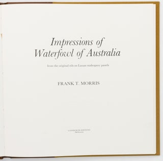 Seven limited edition volumes on Australian birds by Frank Morris. The collection comprises 'Birds of Prey of Australia' (1973); 'Pigeons and Doves of Australia' (1976); 'Impressions of Waterfowl of Australia' (1977); 'Pencil Drawings' (1978); 'Birds of the Australian Swamps' (two volumes, 1978 and 1981); and 'Robins and Wrens of Australia - a Selection' (1979)
