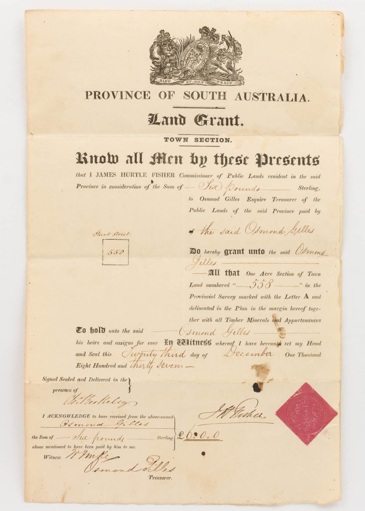 Item #123733 Province of South Australia. Land Grant. Town Section No. 558 to O. Gilles Esq. [A printed document, with manuscript insertions]. South Australia.